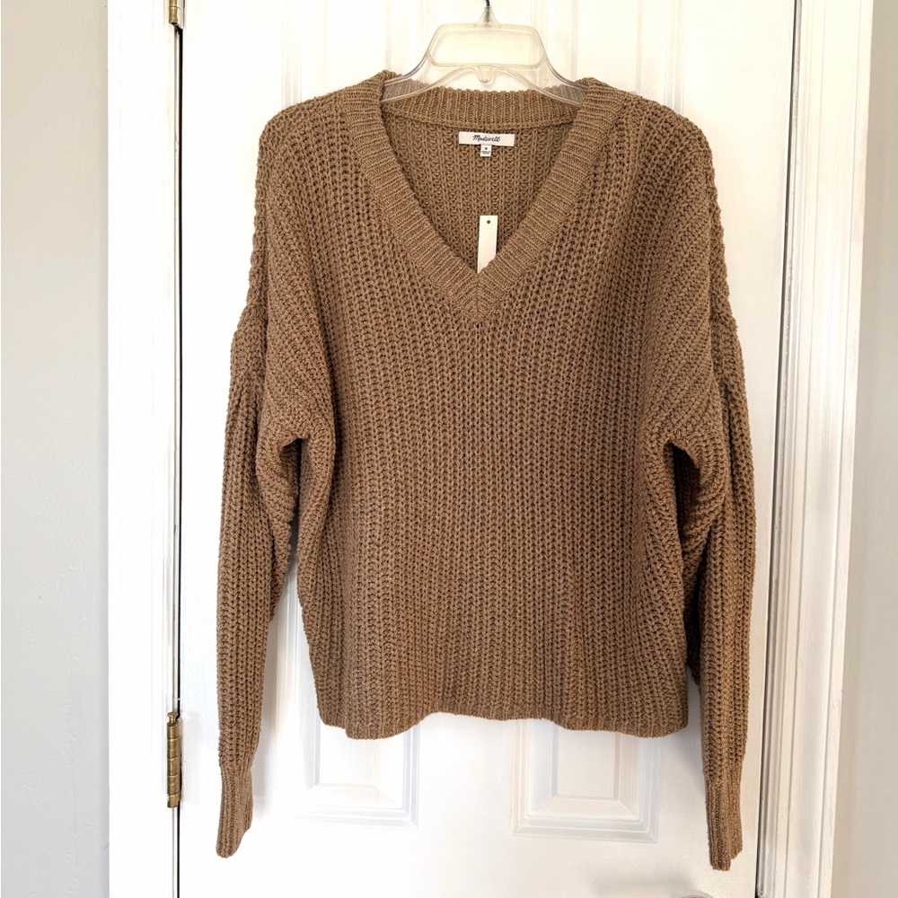 MADEWELL•tan chunky yarn wool blend vneck sweater medium NWT